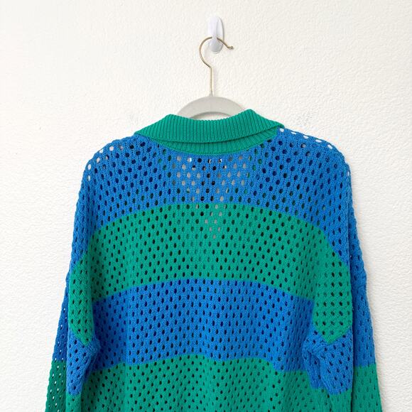 [Beach Riot] Green Blue Rugby Striped Wynn Open Knit Long Sleeve Sweater Large - Picture 6 of 11